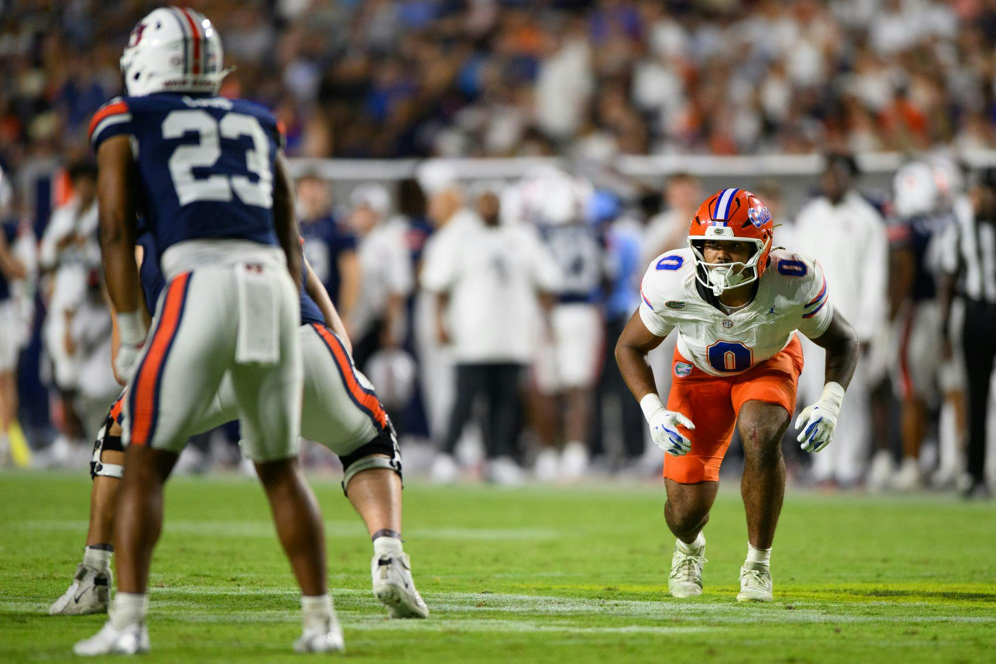 Florida linebacker Jayden Woods (0) lines up during the second half of an NCAA college football game against Auburn, Saturday, Sept. 19, 2026, in Auburn, Ala.