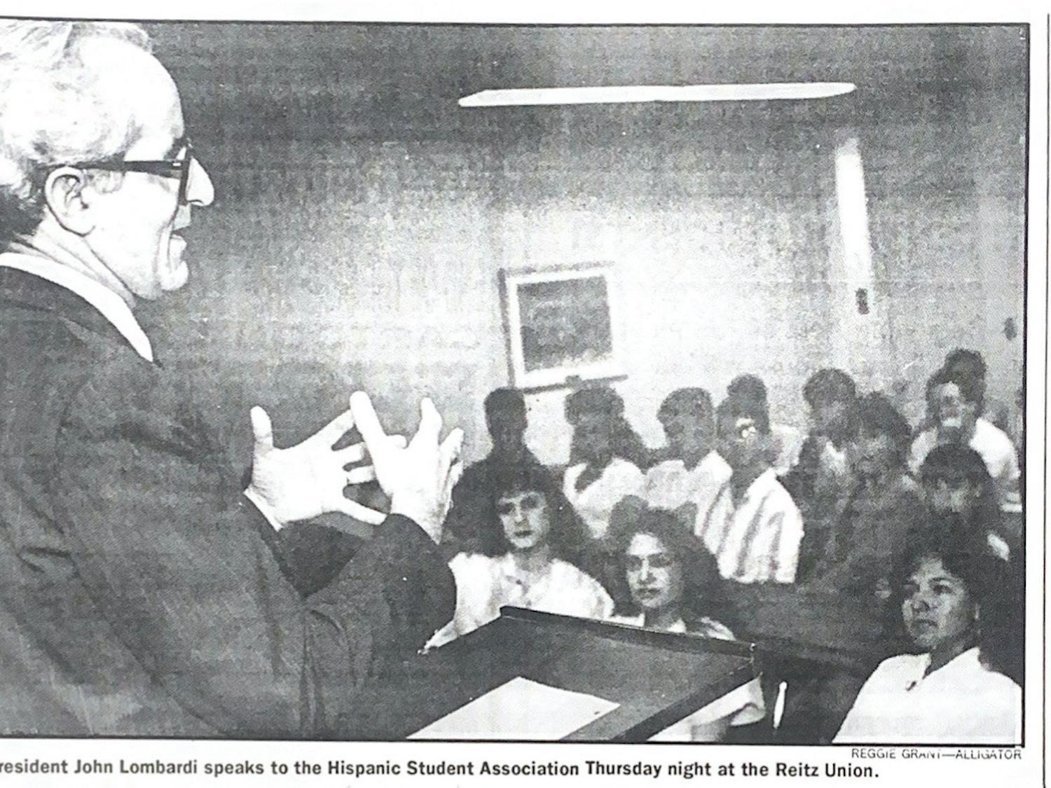 Archive photo of former UF President John Lombardi speaking to the Hispanic Student Association at the Reitz Union.