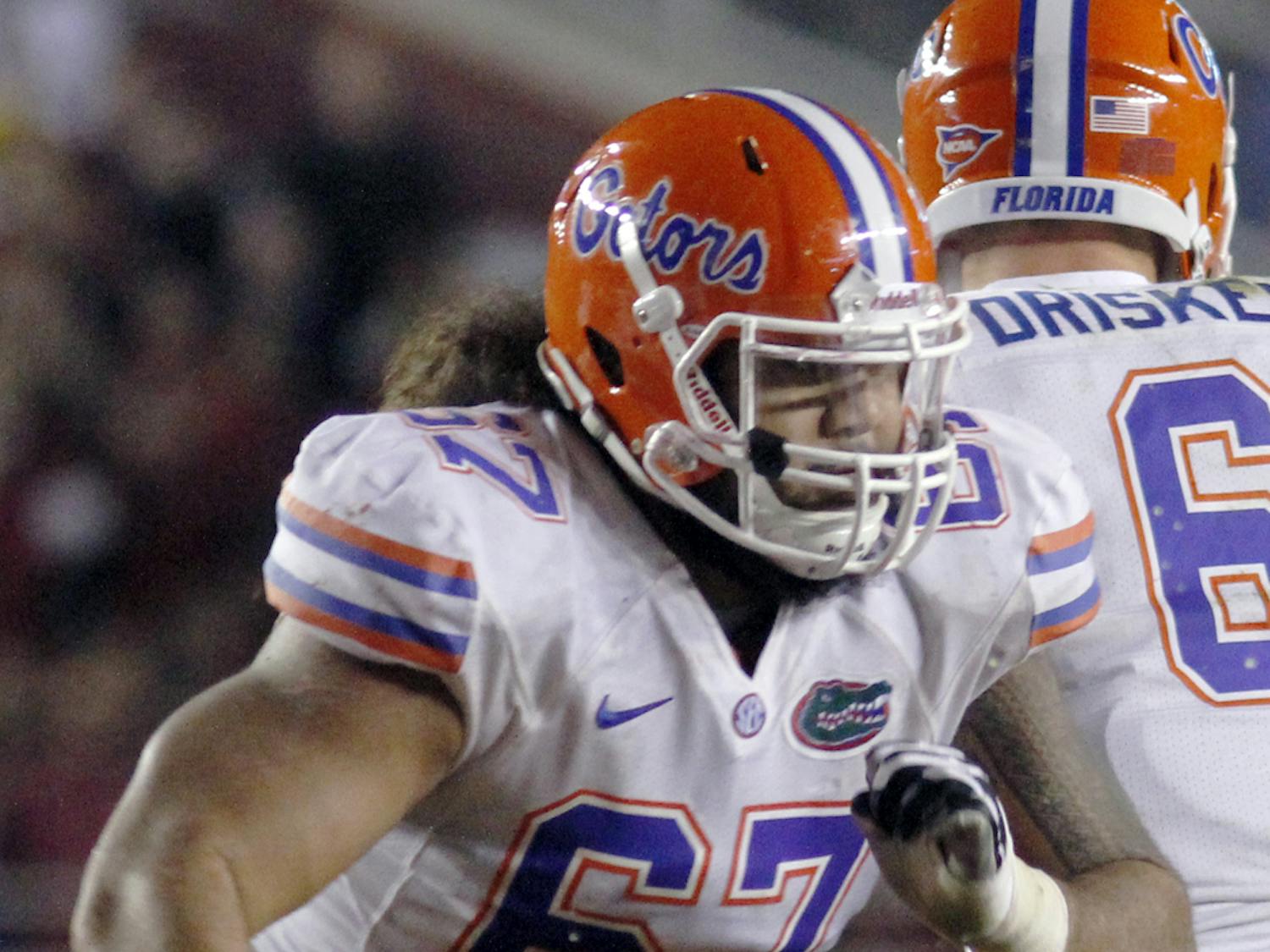 Jon Halapio runs during Florida’s 37-26 win against Florida State on Nov. 24 in Doak Campbell Stadium. Halapio is expected to make his season debut on Saturday.