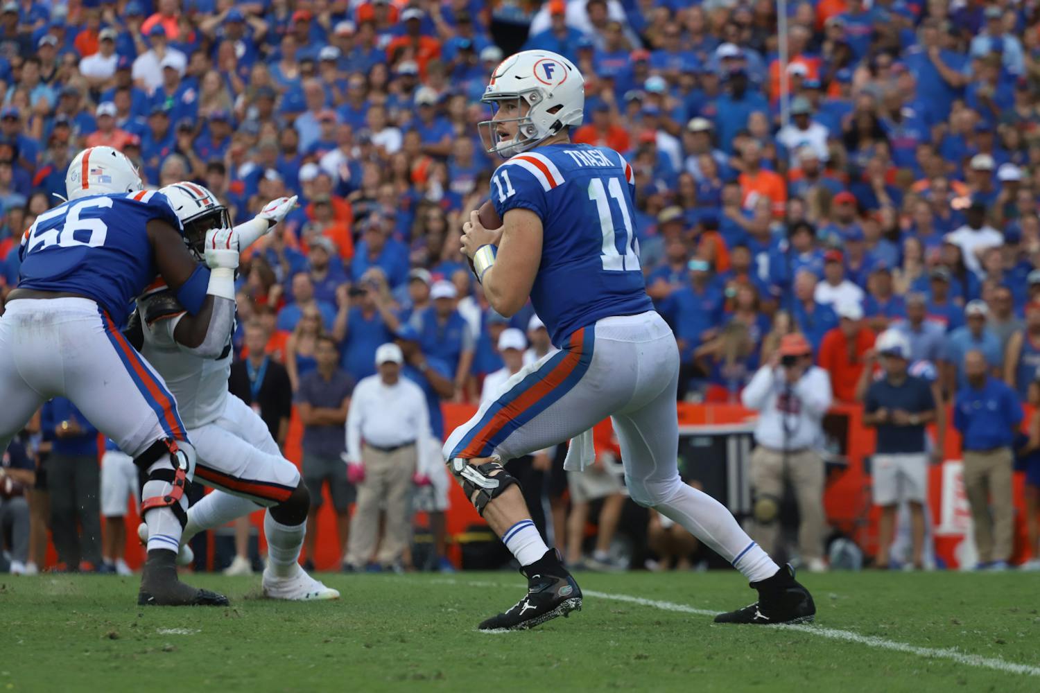 Florida quarterback Kyle Trask drops back to pass against the Auburn Tigers Oct. 5, 2019. Trask is now a member of the NFL&#x27;s Tampa Bay Buccaneers. ﻿