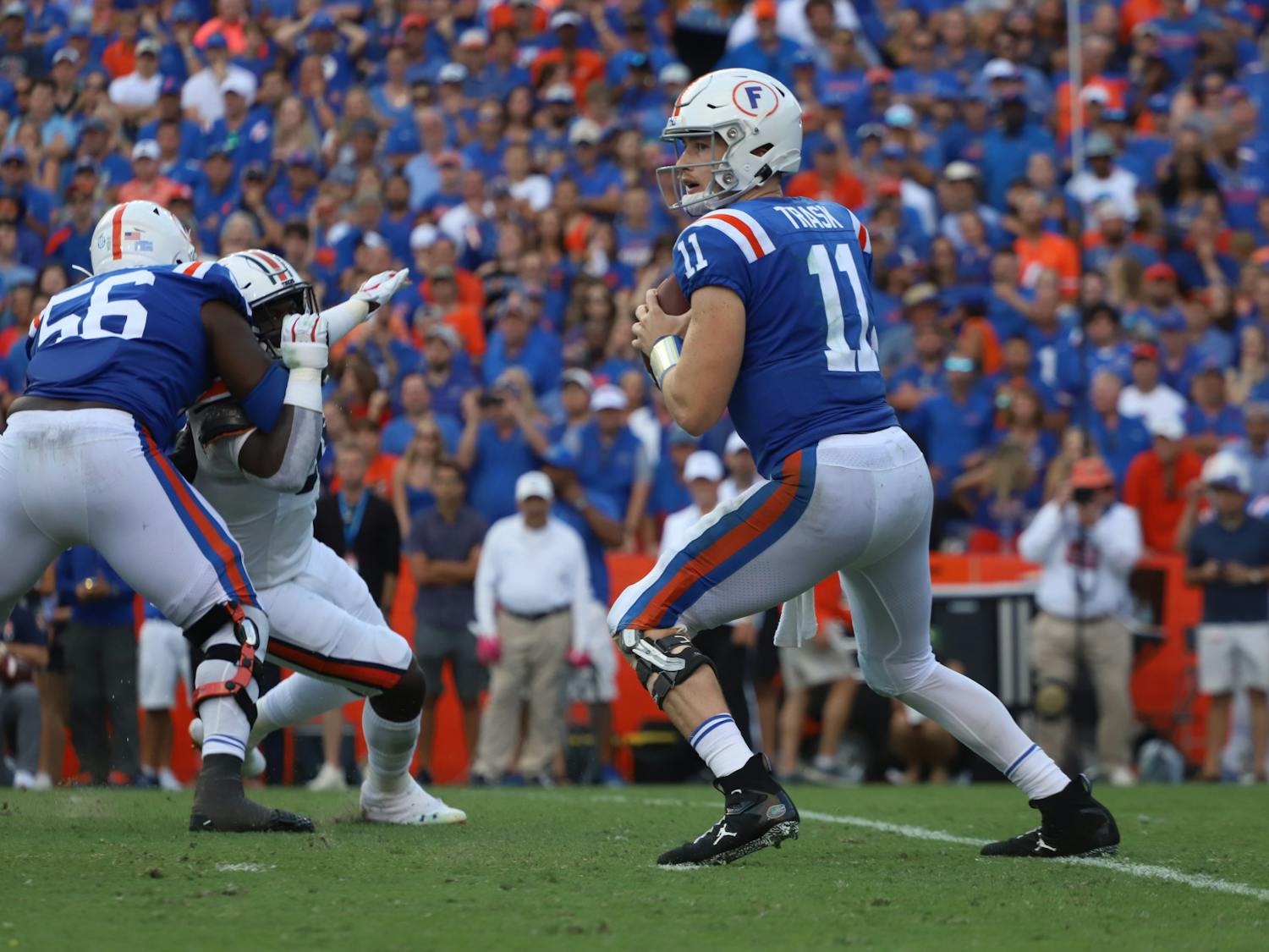 Florida quarterback Kyle Trask drops back to pass against the Auburn Tigers Oct. 5, 2019. Trask is now a member of the NFL&#x27;s Tampa Bay Buccaneers. ﻿