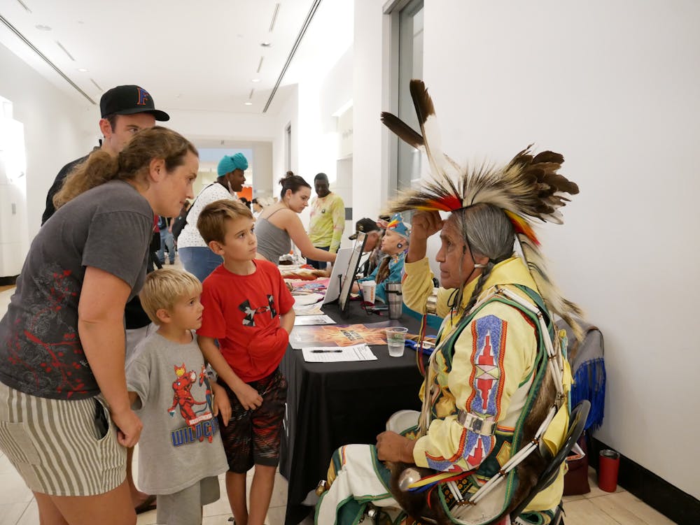 <p>Duane Whitehorse, 76, explains the cultural significance of his garments during the Indigenous Peoples’ Week celebration at the Harn Museum of Art on Oct. 12, 2023.</p>