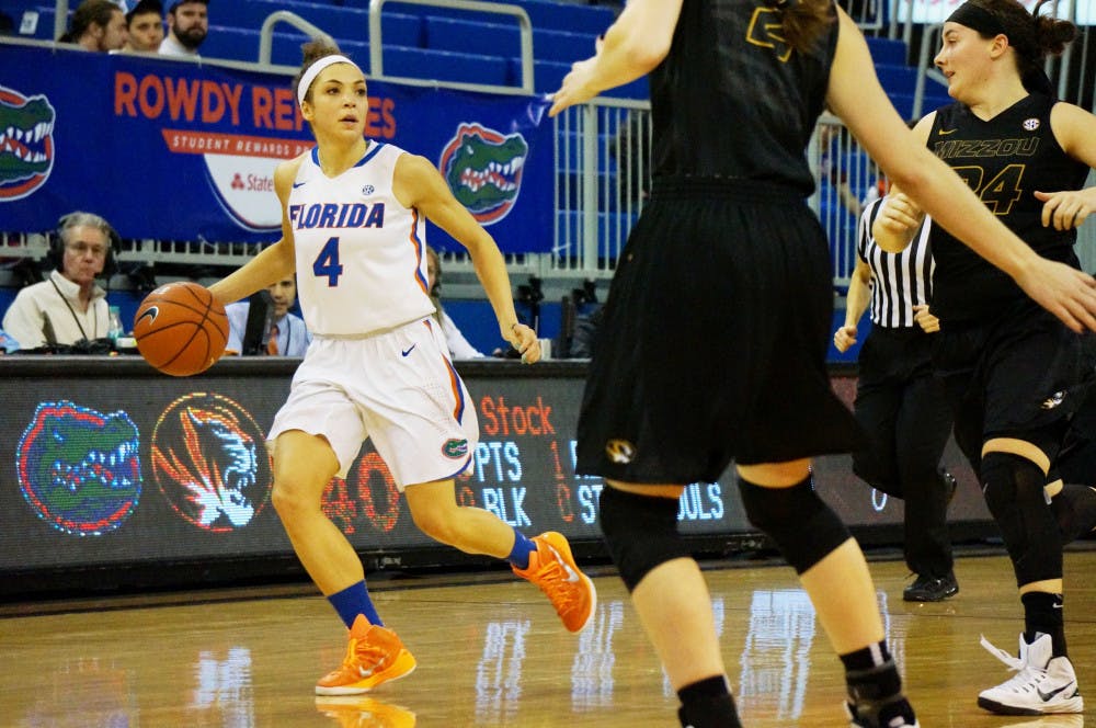 <p>Carlie Needles dribbles the ball down the court during Florida's loss to Missouri on Thursday in the O'Connell Center.</p>