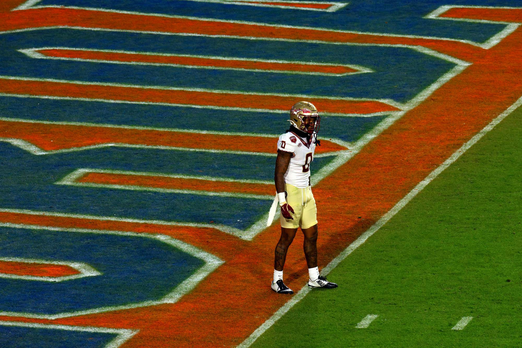 FSU defensive back Earl Little Jr. stands in the endzone during a rivalry game against UF at the Ben Hill Griffin Stadium on Saturday, Nov. 29, 2025.