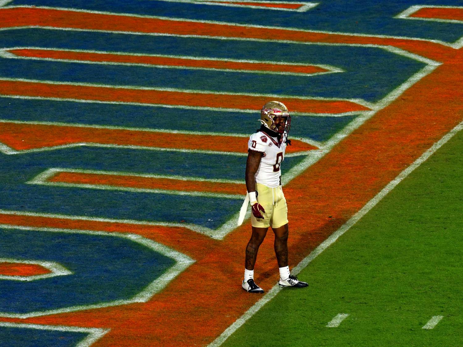 FSU defensive back Earl Little Jr. stands in the endzone during a rivalry game against UF at the Ben Hill Griffin Stadium on Saturday, Nov. 29, 2025.