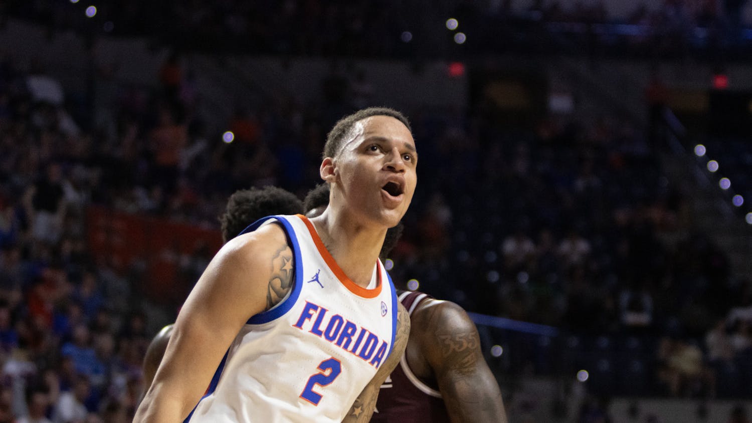 Sophomore guard Riley Kugel celebrates the Gators’ win against Mississippi State on Wednesday, Jan. 24, 2024