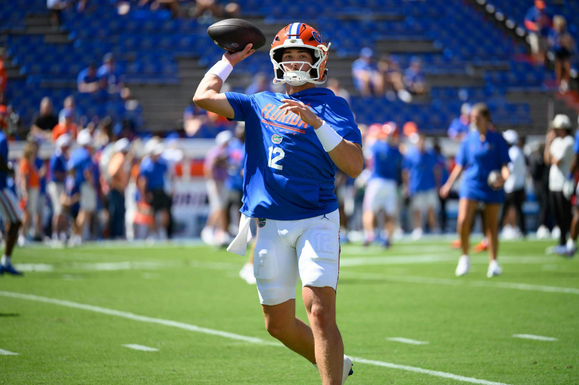 Florida quarterback Aaron Philo (12) warms up before an NCAA college football game against Ole Miss, Saturday, Sept. 26, 2026, in Gainesville, Fla.