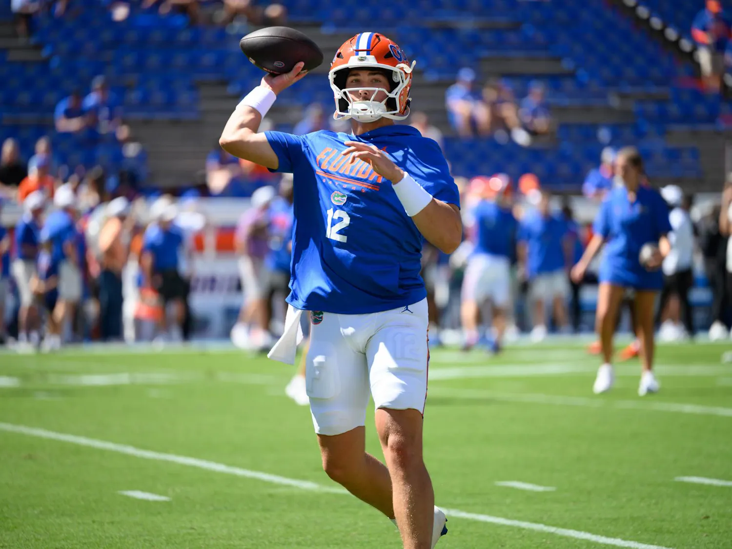 Florida quarterback Aaron Philo (12) warms up before an NCAA college football game against Ole Miss, Saturday, Sept. 26, 2026, in Gainesville, Fla.