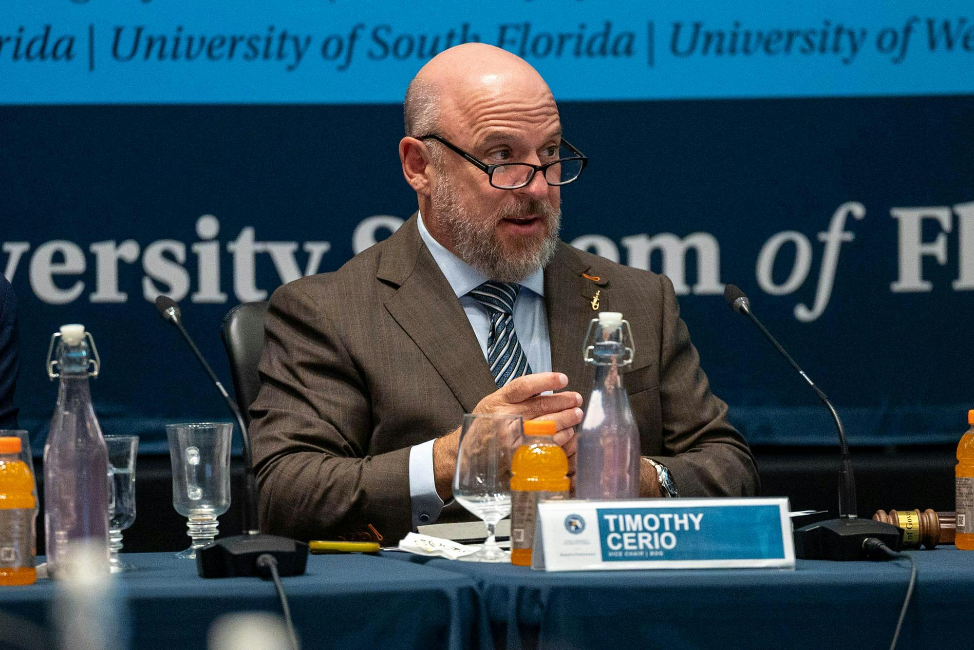 Vice-Chairman Timothy Cerio speaks to the room at a Board of Governors meeting inside the Grand Ballroom of the Reitz Union, Wednesday, Sept. 30, 2026, in Gainesville, Fla.