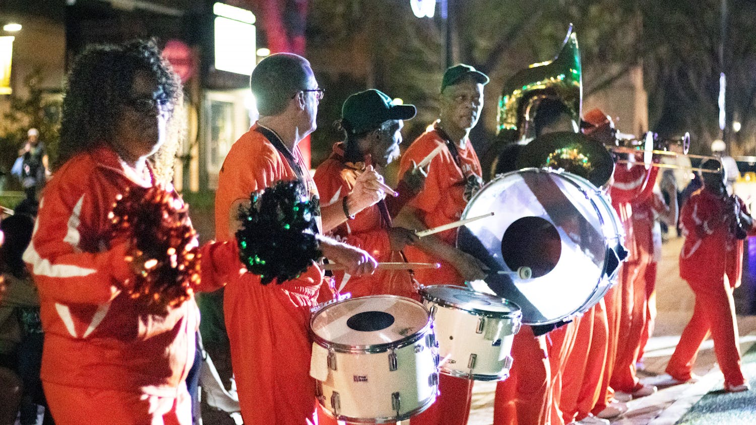 Members of the Richard E. Parker Alumni Band of Eastside High School perform across Bo Diddley Plaza Friday, Feb. 10, 2023.