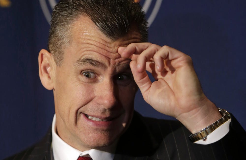 <p>Florida coach Billy Donovan talks with reporters during Southeastern Conference Basketball Media Days in Birmingham, Ala., on Thursday.</p>