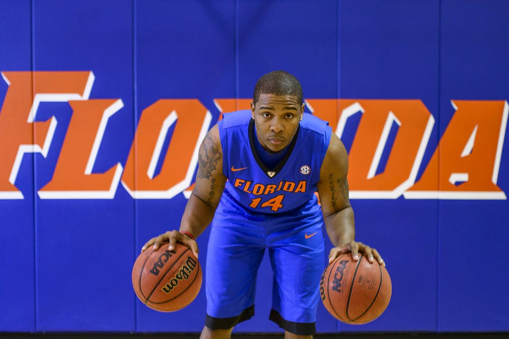 <p>Lexx Edwards poses during the UF men's basketball team media day.</p>