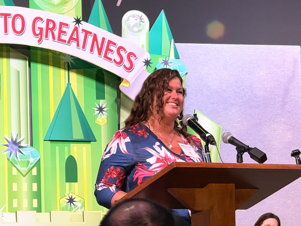 <p>Monica Benson, an Exceptional Student Education teacher at Sidney Lanier Center, gives an acceptance speech after winning the 2025 ACPS Teacher of the Year award on Thursday, January 23, 2025.</p>