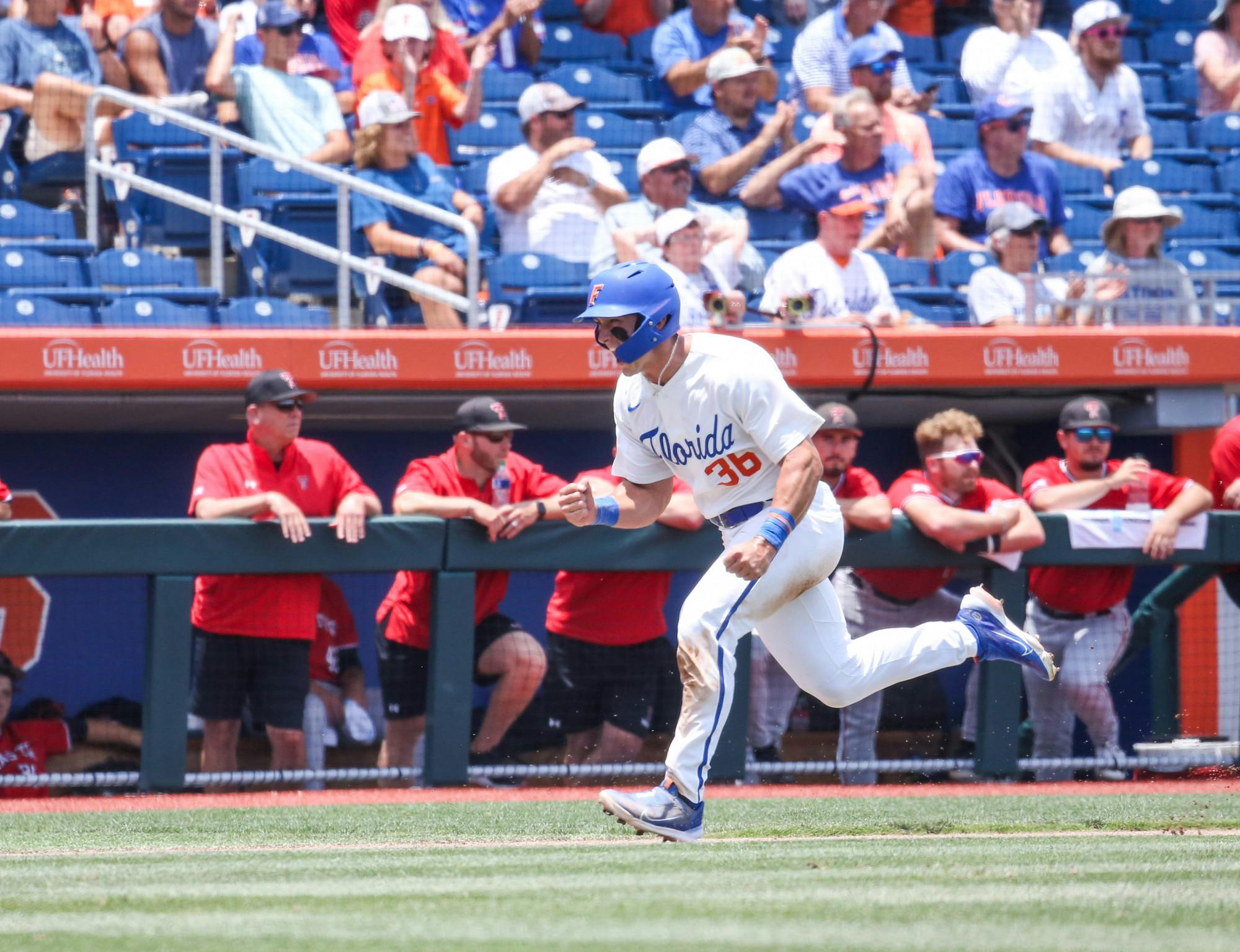 Florida junior outfielder Wyatt Langford rounds the bases during the Gators' 6-0 win against Texas Tech Monday, June 5, 2023. 