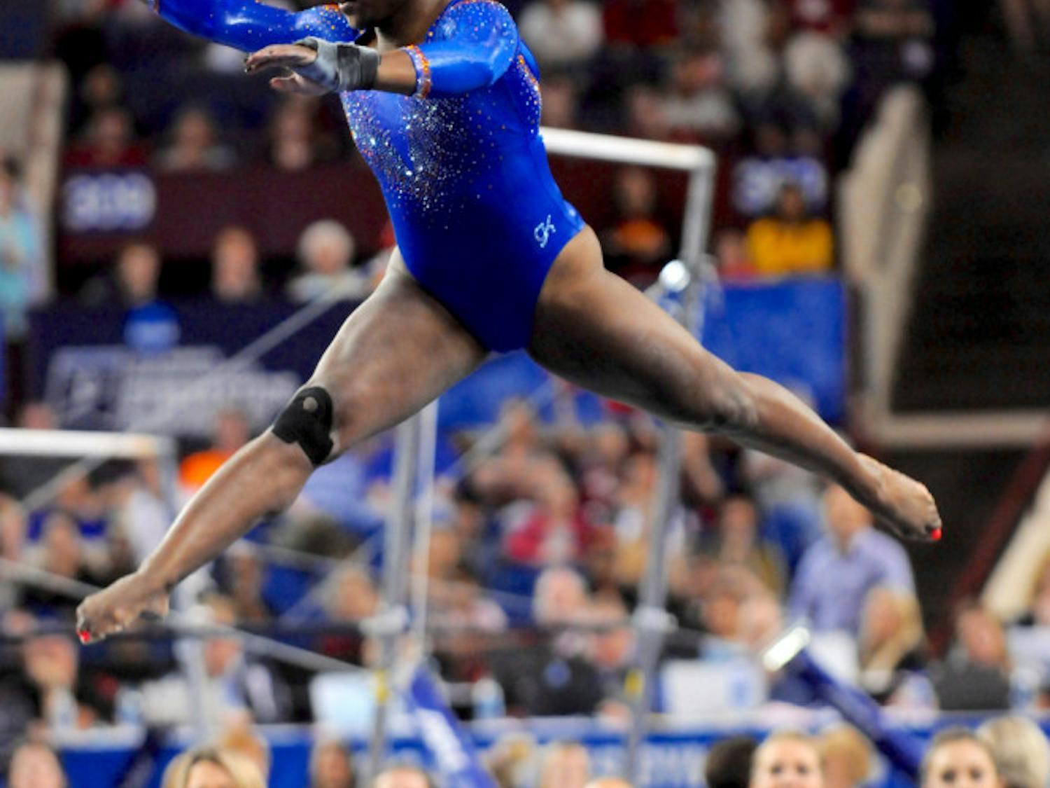 Alicia Boren performs her floor exercise routine during the NCAA Gymnastics Super Six on April 16, 2016, in Fort Worth, Texas.