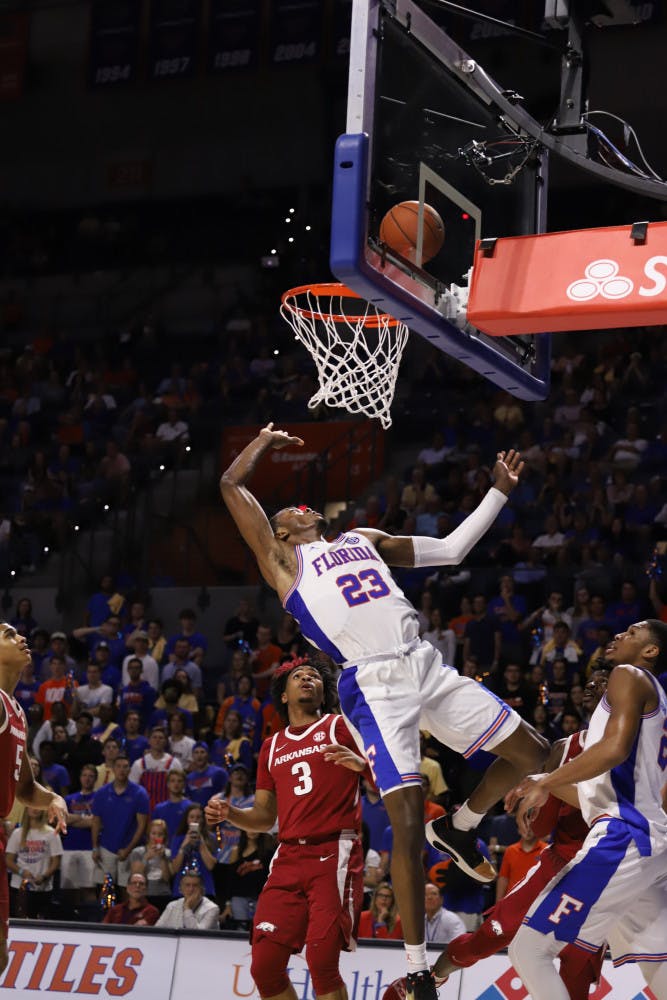 Sophomore guard Scottie Lewis at last year&#x27;s game against Arkansas. Lewis struggled with foul trouble Tuesday night, scoring just four points while forcing three steals