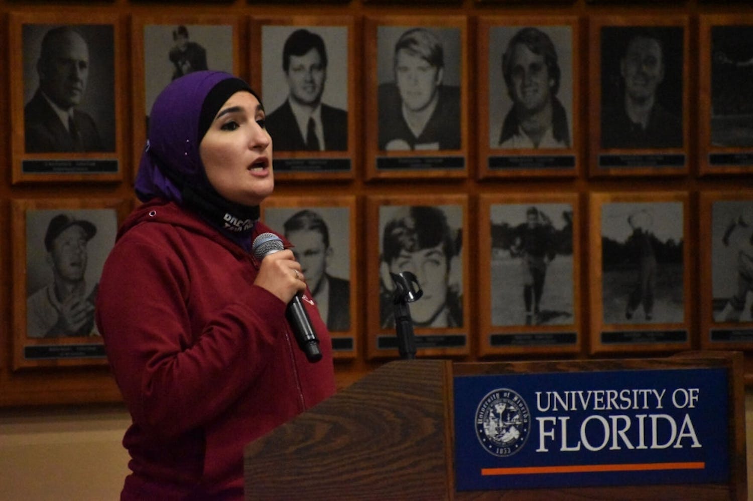 Linda Sarsour, a political activist known for her role as co-chair of the 2017 Women’s March, speaks to UF students Tuesday night, Oct. 27, 2020, about the intersection between resistance and Islam at the Touchdown Terrace.&nbsp;