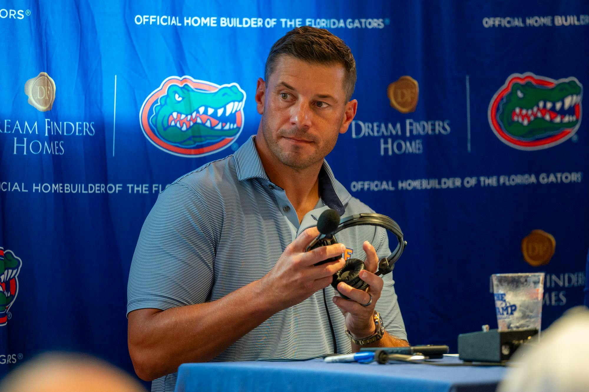 Florida head coach John Sumrall speaks at “Gator Talks” inside the Swamp Restaurant, Monday, Aug. 31, 2026, in Gainesville, Fla.