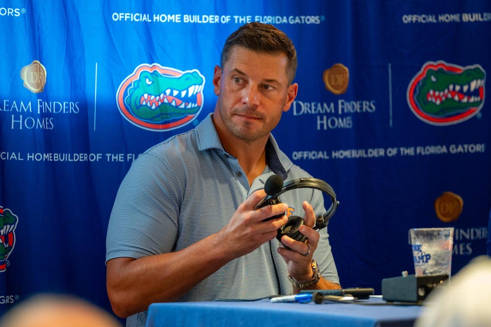 Florida head coach John Sumrall speaks at “Gator Talks” inside the Swamp Restaurant, Monday, Aug. 31, 2026, in Gainesville, Fla.