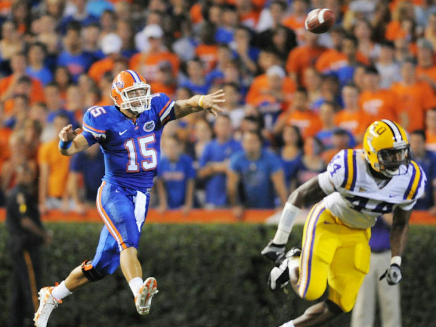 Former Florida quarterback Tim Tebow throws a pass during UF’s 51-21 win against LSU in Ben Hill Griffin Stadium on Oct. 11, 2008.