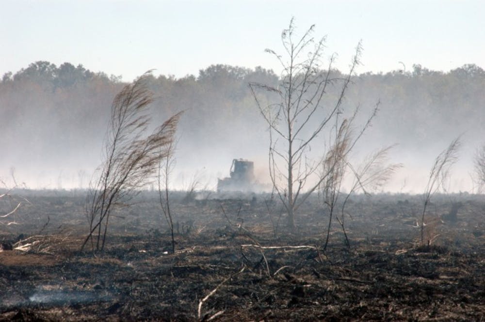 <p>A tractor drives across a burned section of Paynes Prairie Preserve State Park on Monday afternoon. The smoke from the prairie fire caused a series of crashes Sunday morning that killed at least 10 people.</p>