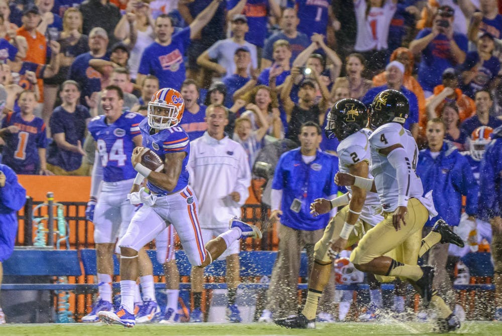 Redshirt junior Valdez Showers returns the opening kickoff — the only play of the game — during Florida's season opener against Idaho on Saturday at Ben Hill Griffin Stadium. Showers returned the kickoff 64 yards to Idaho's 14-yard line. Play was suspended shortly afterward.
