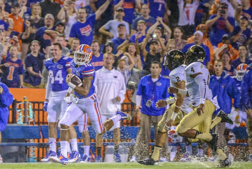 <p class="p1">Redshirt junior Valdez Showers returns the opening kickoff — the only play of the game — during Florida's season opener against Idaho on Saturday at Ben Hill Griffin Stadium. Showers returned the kickoff 64 yards to Idaho's 14-yard line. Play was suspended shortly afterward.</p>