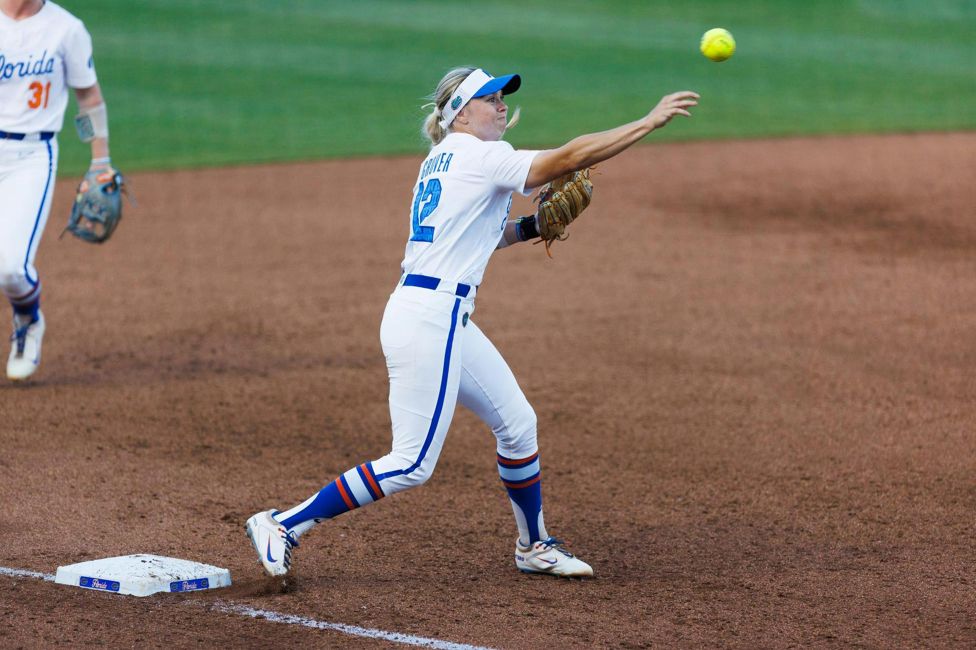 Florida Gators infielder Kendall Grover turns a double play during an NCAA softball game against Stetson, Wednesday, March 25, 2026, in Gainesville, Fla.