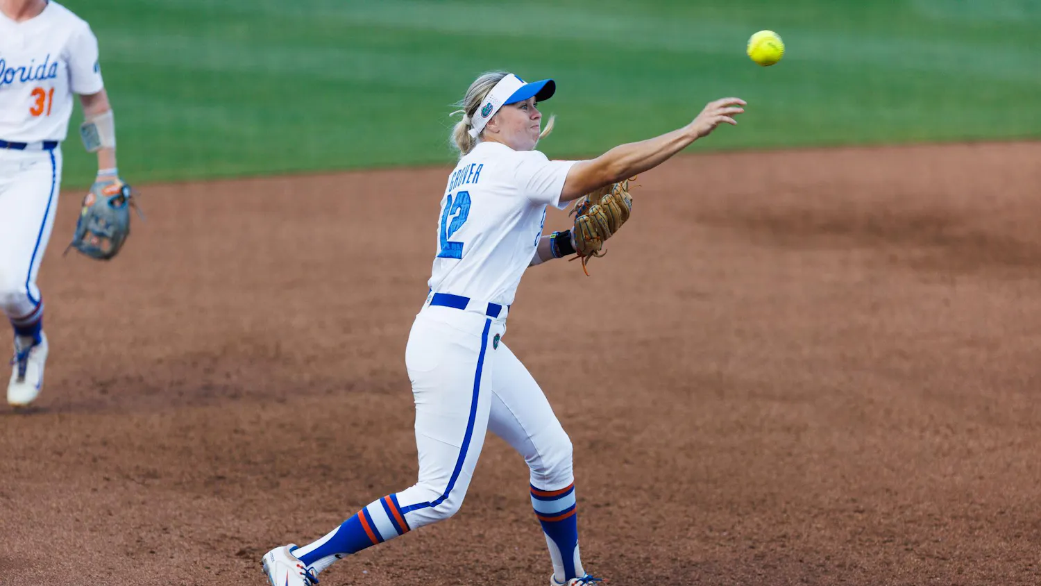 Florida Gators infielder Kendall Grover turns a double play during an NCAA softball game against Stetson, Wednesday, March 25, 2026, in Gainesville, Fla.