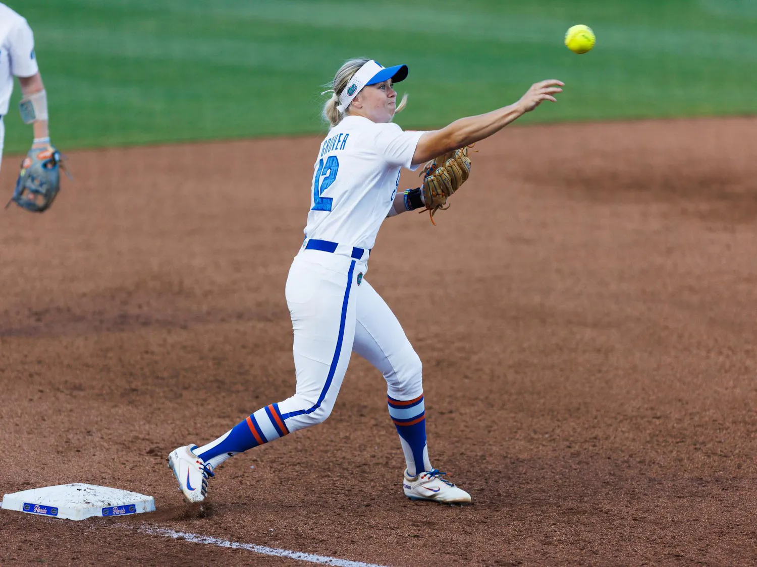 Florida Gators infielder Kendall Grover turns a double play during an NCAA softball game against Stetson, Wednesday, March 25, 2026, in Gainesville, Fla.