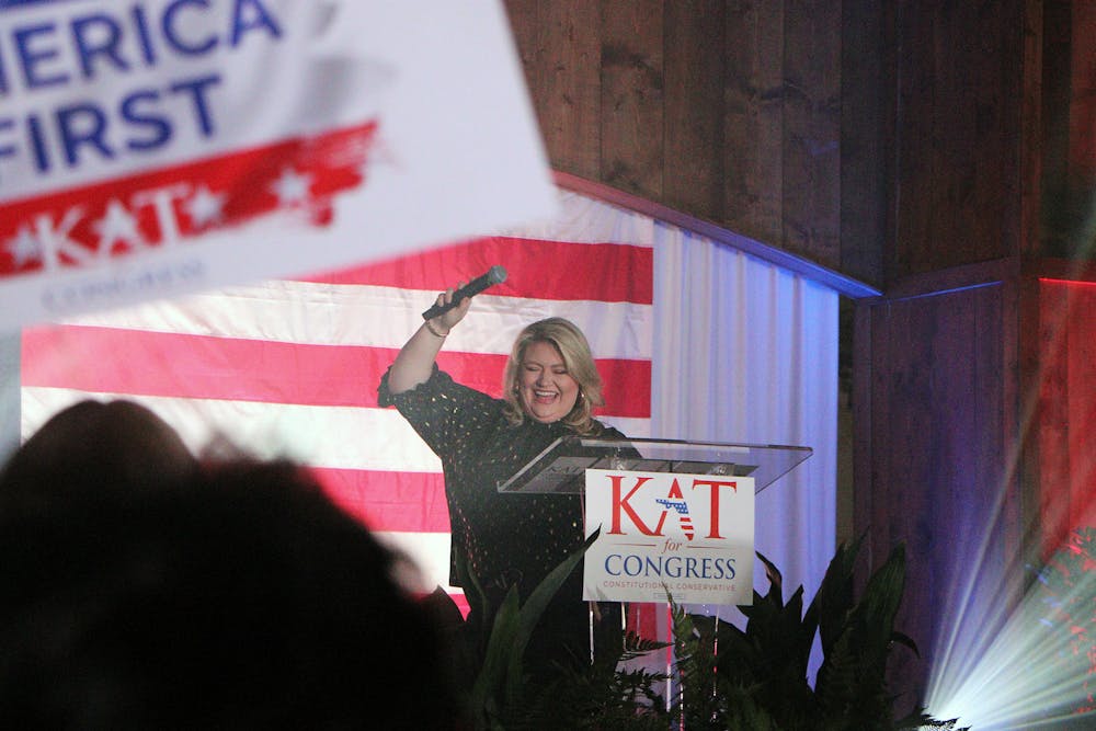 <p>Kat Cammack, House of Representatives District 3 candidate, addresses a crowd of nearly 200 supporters during her watch party Tuesday, Nov. 8, 2022. She won her next election, sans watch party, in Nov. 5, 2024. </p>