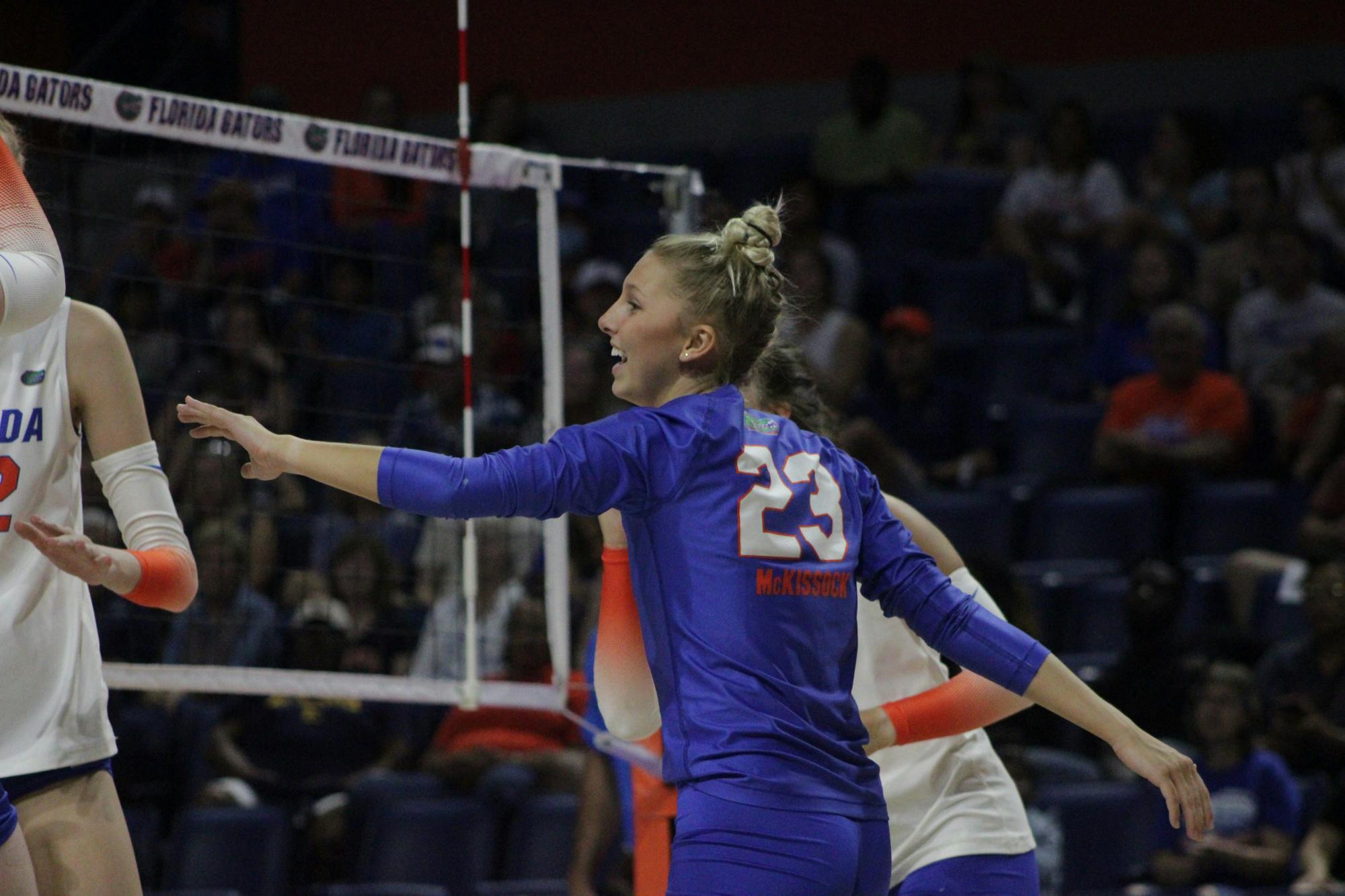 Florida libero Elli McKissock celebrates during the Gators volleyball team's win over Virginia Aug. 27, 2022. 