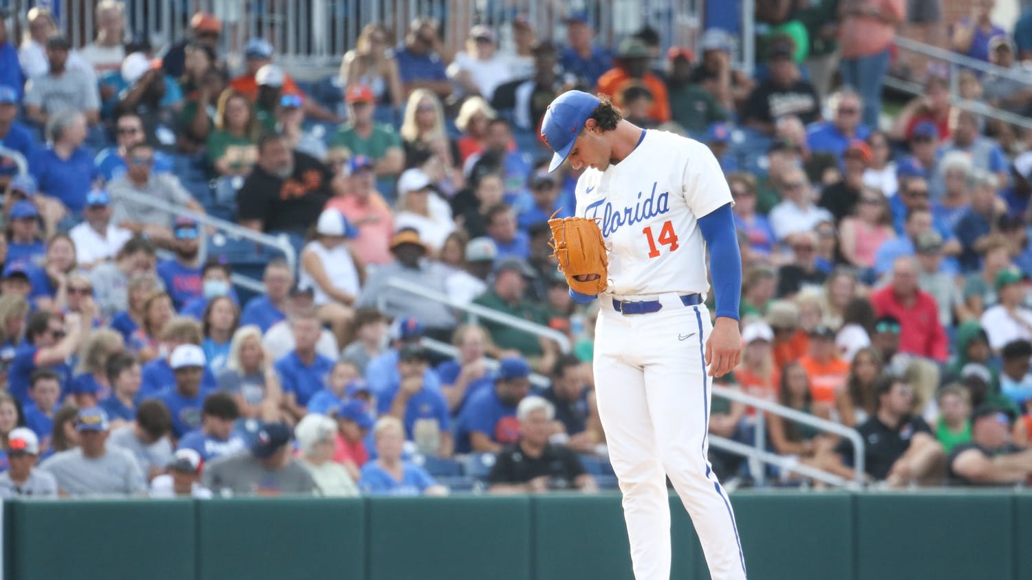 Florida sophomore pitcher Jac Caglianone stands on the mound during the Gators' 3-0 win against Florida A&M Friday, June 2, 2023.