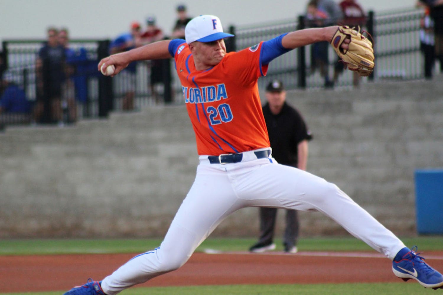 UF pitcher Nick Pogue strides to the plate in a March 10, 2020 game against Florida State. He pitched five innings in Florida&#x27;s Friday win over 3-seed Arkansas.