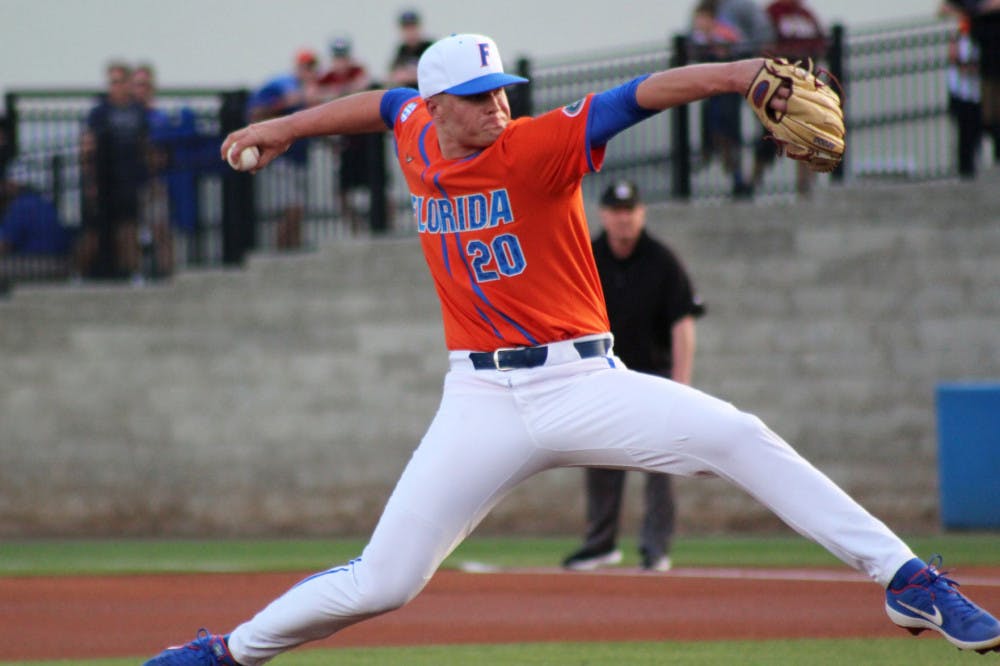 <p>UF pitcher Nick Pogue strides to the plate in a March 10, 2020 game against Florida State. He pitched five innings in Florida&#x27;s Friday win over 3-seed Arkansas.</p>