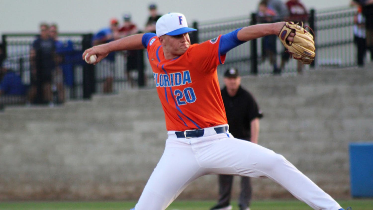 UF pitcher Nick Pogue strides to the plate in a March 10, 2020 game against Florida State. He pitched five innings in Florida&#x27;s Friday win over 3-seed Arkansas.