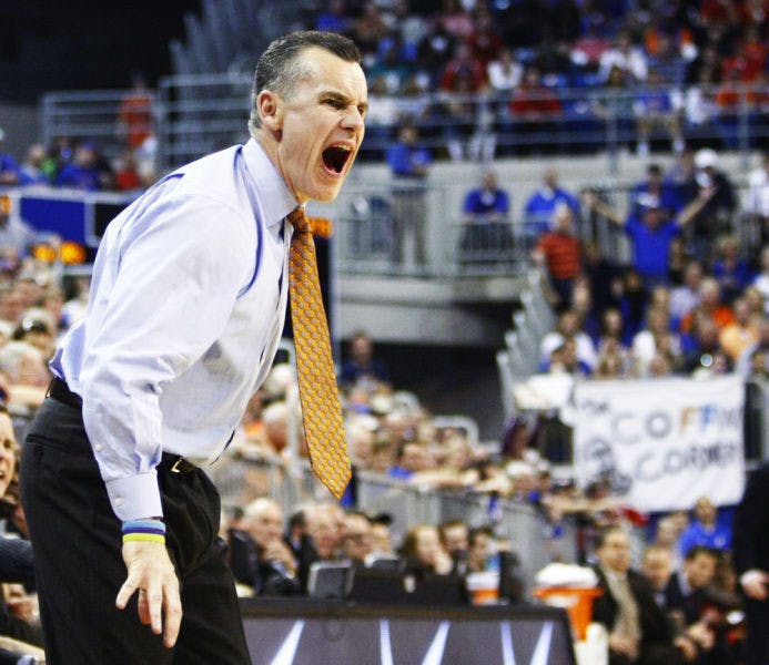 Coach Billy Donovan yells instructions to the Gators during Florida’s 78-64 win against Ole Miss on Saturday in the O’Connell Center. UF rose to No. 2 in the AP Poll on Monday.
