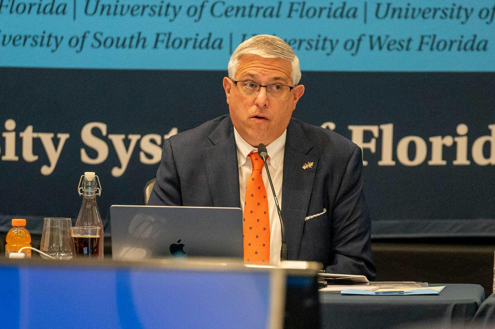 Chairman Alan Levine speaks to the room at a Board of Governors meeting inside the Grand Ballroom of the Reitz Union, Wednesday, Sept. 30, 2026, in Gainesville, Fla.
