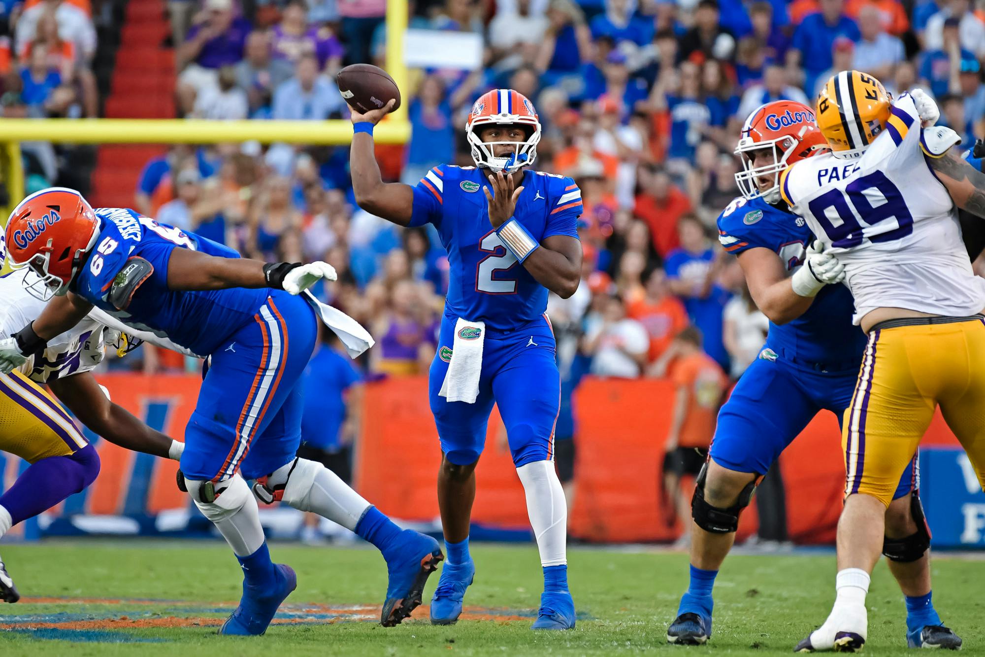 DJ Lagway (2) throws the ball during the first quarter against the Lousiana State Tigers at Ben Hill Griffin Stadium on Saturday, Nov. 16, 2024.