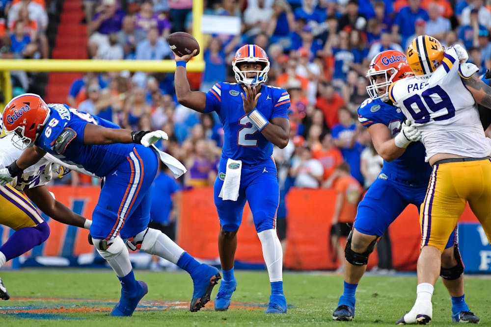 <p>DJ Lagway (2) throws the ball during the first quarter against the Lousiana State Tigers at Ben Hill Griffin Stadium on Saturday, Nov. 16, 2024.</p>