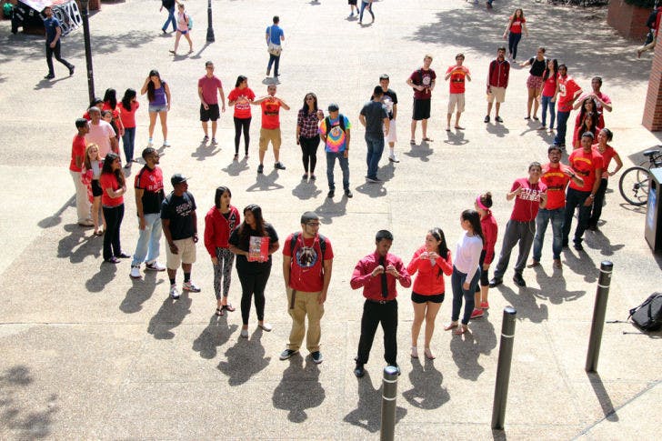 The members of fraternity Beta Chi Theta form a heart on Turlington Plaza on Tuesday afternoon. The fraternity held philanthropic events all week for the Beating Heart Disease campaign.