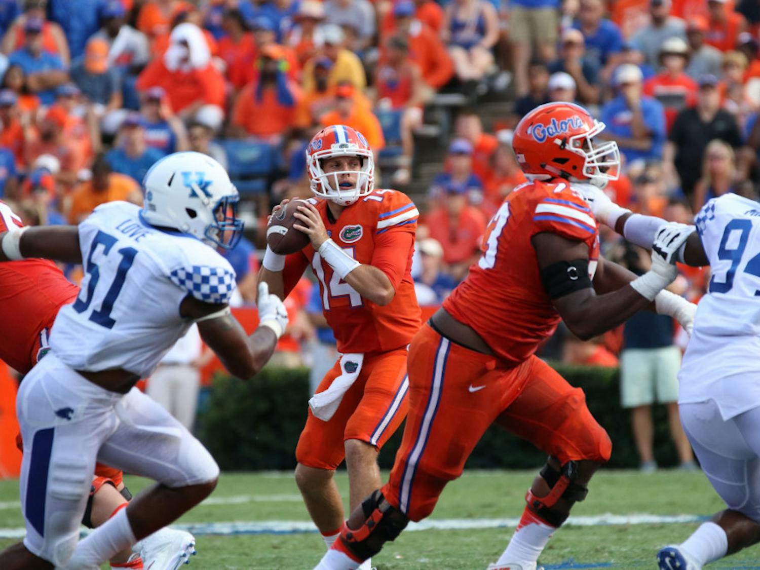 Luke Del Rio (14) looks to pass during Florida's 45-7 win over Kentucky on Sept. 10, 2016, at Ben Hill Griffin Stadium.