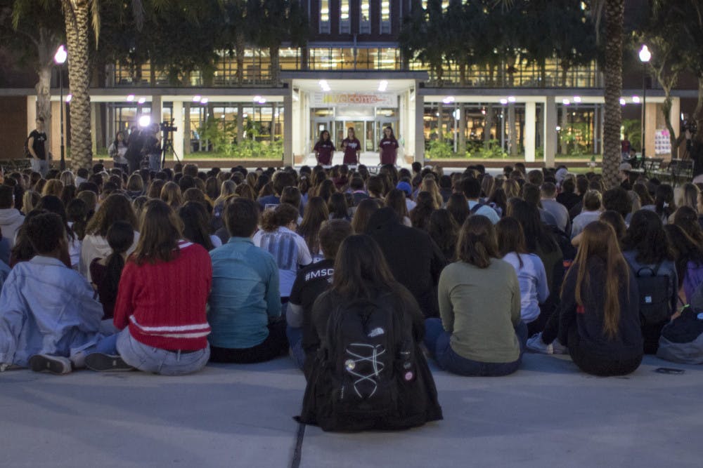 <p id="docs-internal-guid-6033bbb9-7fff-d782-0d76-c2e3a09f1474" dir="ltr"><span>More than 200 people listen to six speakers Thursday on Plaza of the Americas during the vigil for the one-year anniversary of the Marjory Stoneman Douglas shooting.</span></p>