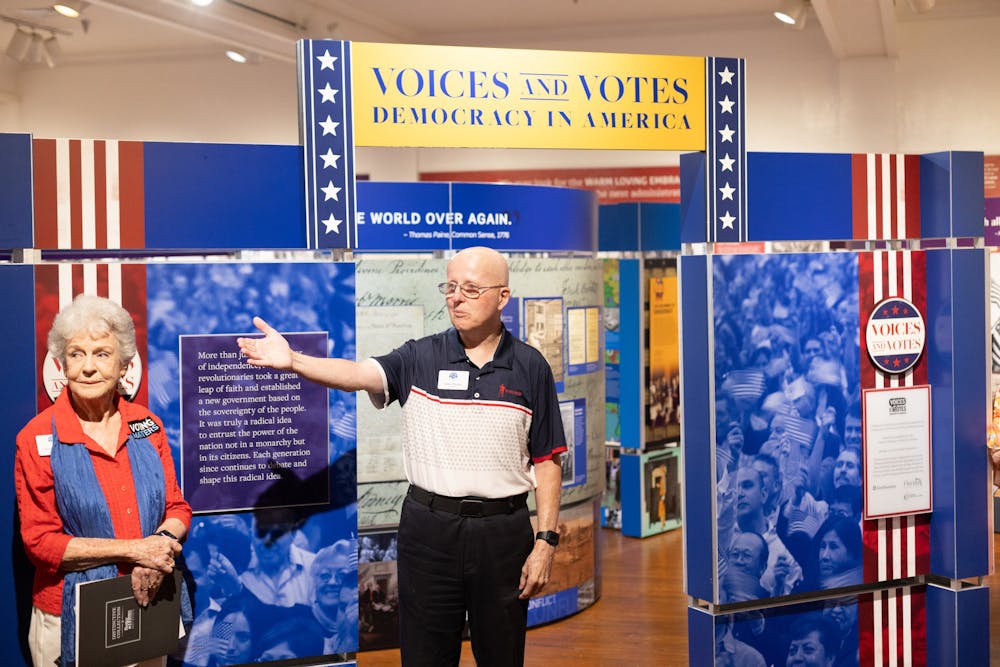 Matheson History Museum President Robert Mounts speaks at the opening of Voices and Votes: Democracy in America on Saturday, July 20, 2024.