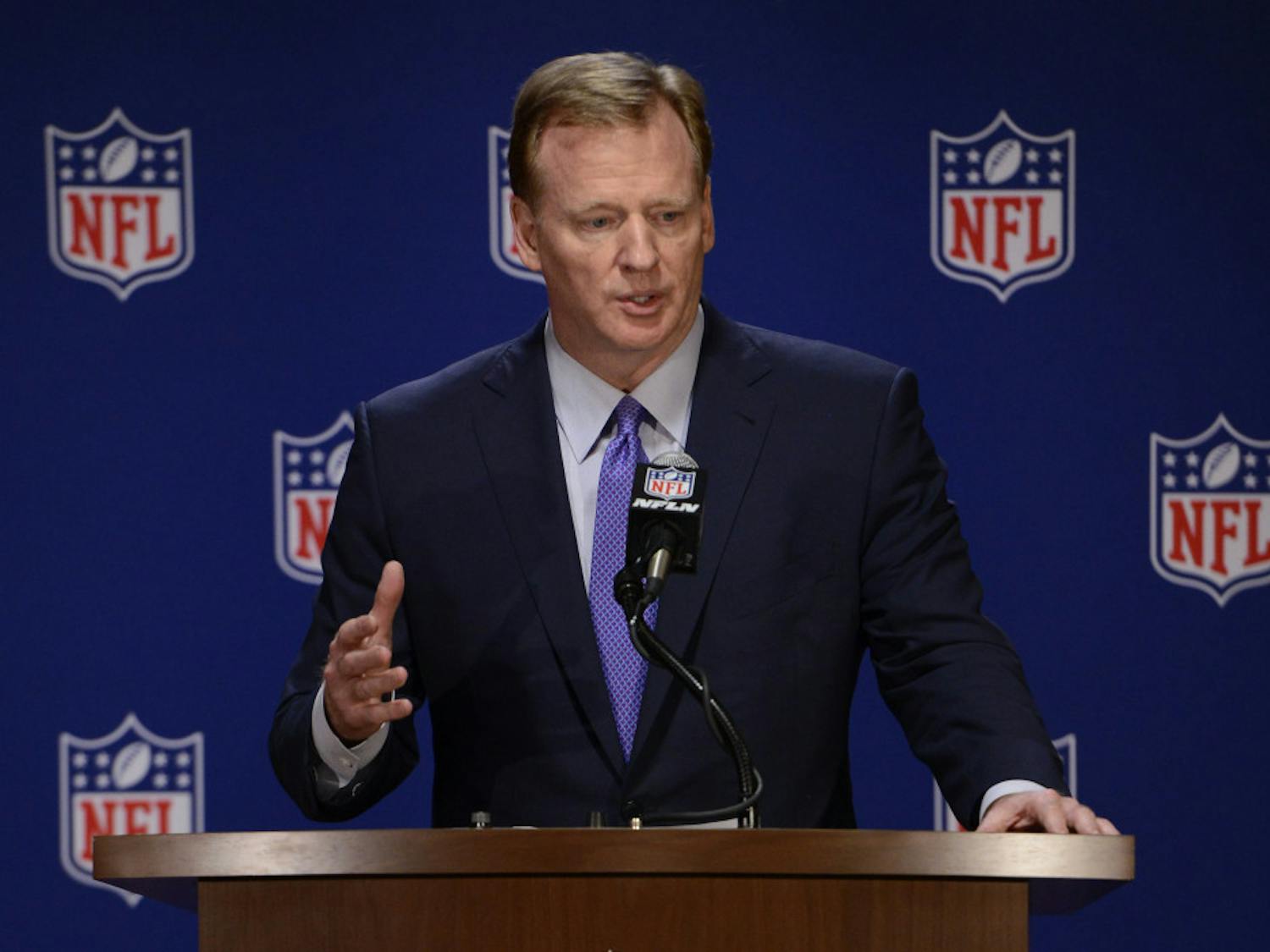 NFL commissioner Roger Goodell speaks to the media after an NFL owners meeting, Tuesday, May 23, 2017, in Chicago.