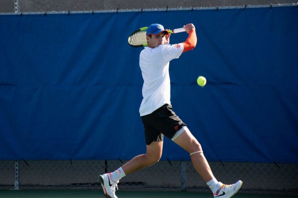 <p>Sam Riffice (pictured) and Duarte Vale dominated doubles play in a 7-0 victory for the men’s tennis team.</p>