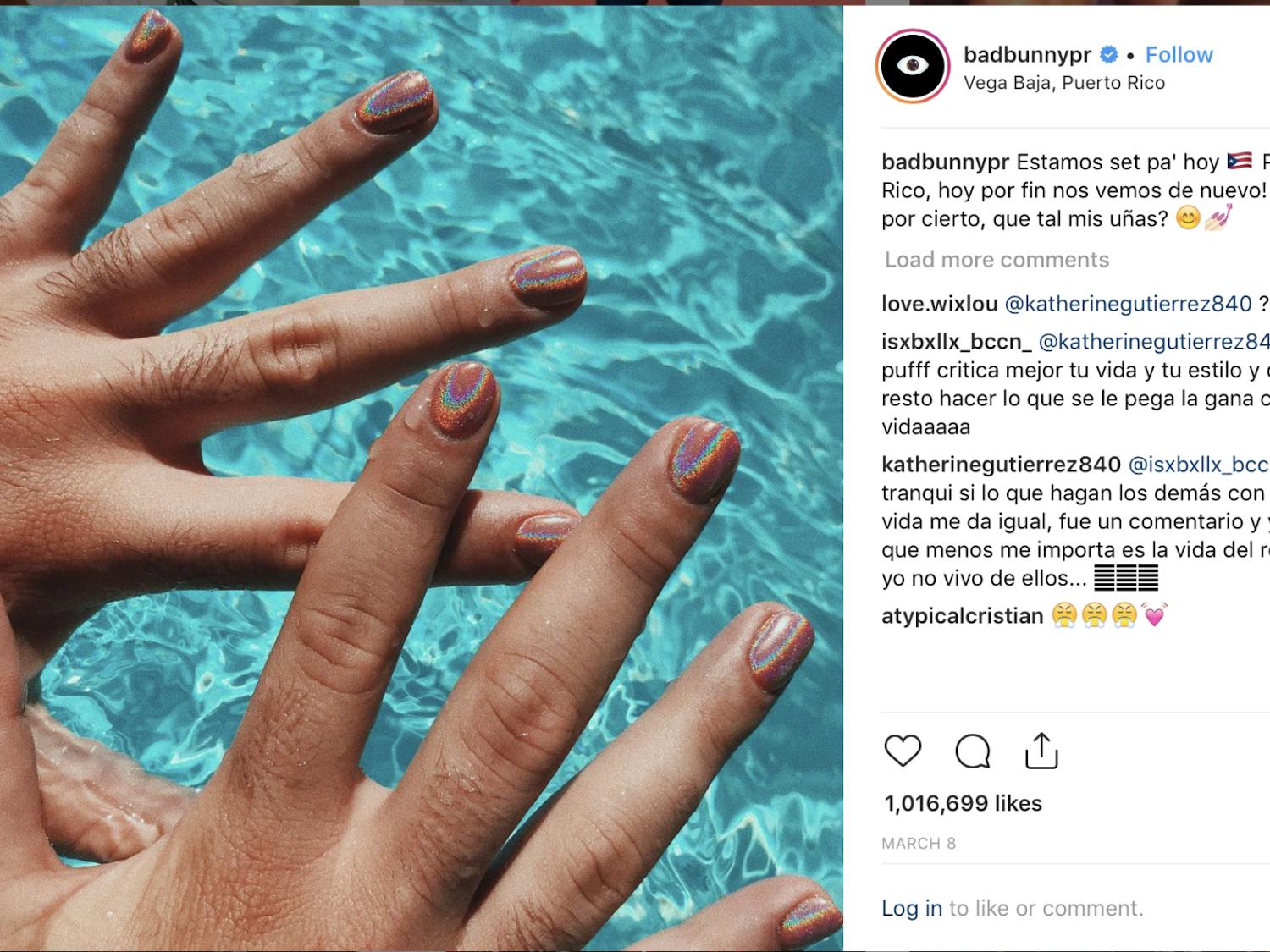 Bad Bunny, a Puerto Rican trap artist, shows off his painted nails on his Instagram.&nbsp;