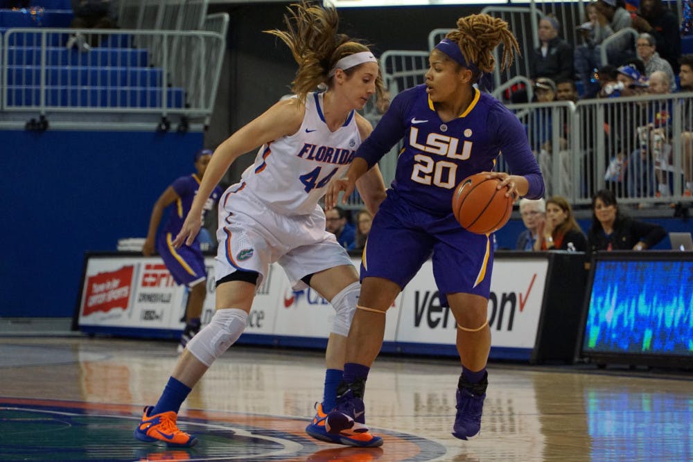 <p>UF forward Haley Lorenzen guards LSU's Alexis Hyder during Florida's 53-45 win against LSU on Jan. 17, 2016, in the O'Connell Center.</p>