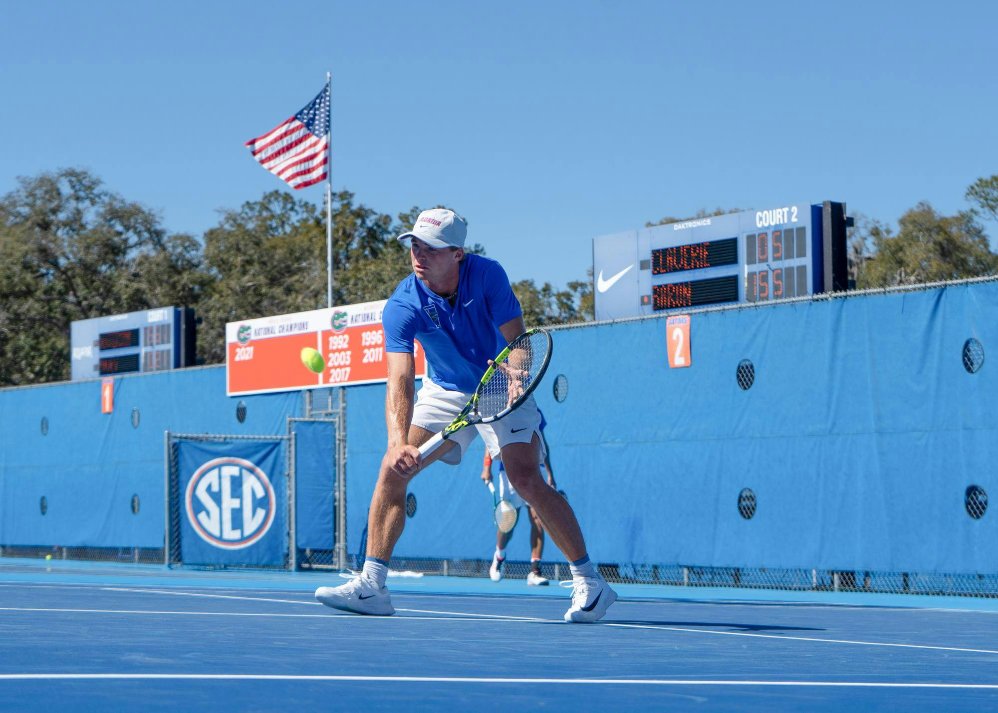 Florida's Kevin Edengren returns the ball during an NCAA men's tennis match against Gustav Hasslegren of Florida Gulf Coast University, Saturday, Feb. 7, 2026, in Gainesville, Fla.
