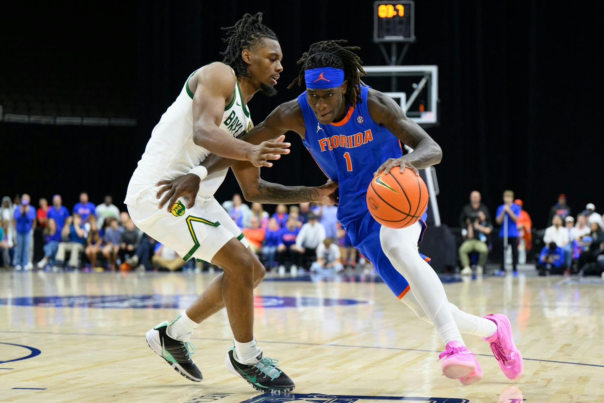 Florida guard Denzel Aberdeen (1) drives during the second half of an NCAA men's basketball exhibition game against Baylor, Sunday, Oct. 18, 2026, in Jacksonville, Fla.